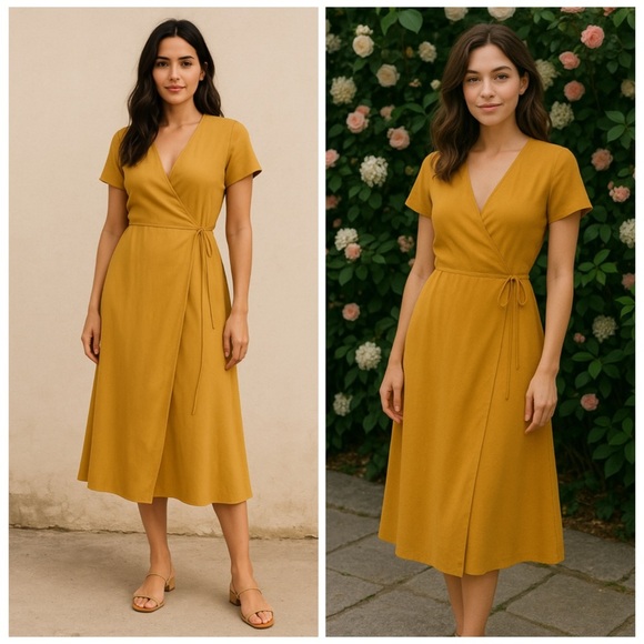 BABATON Aritzia Mustard Yellow Short Sleeve Maxi Wrap Dress Size XXS - Picture 1 of 11